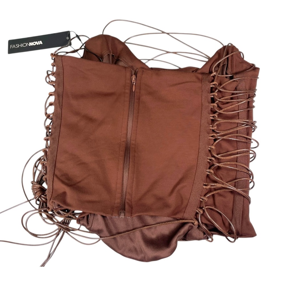 Fashion Nova L Brown Strappy Corset Top Lace Up Caged Baddie Clubwear Festival - Picture 2 of 4